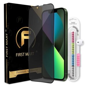 FIRST MART Anti Spy Matte Privacy Tempered Glass for iPhone 14, 13 and 13 Pro (6.1 Inch) with Easy Installation kit & Cable Protector | Edge to Edge Coverage | Black