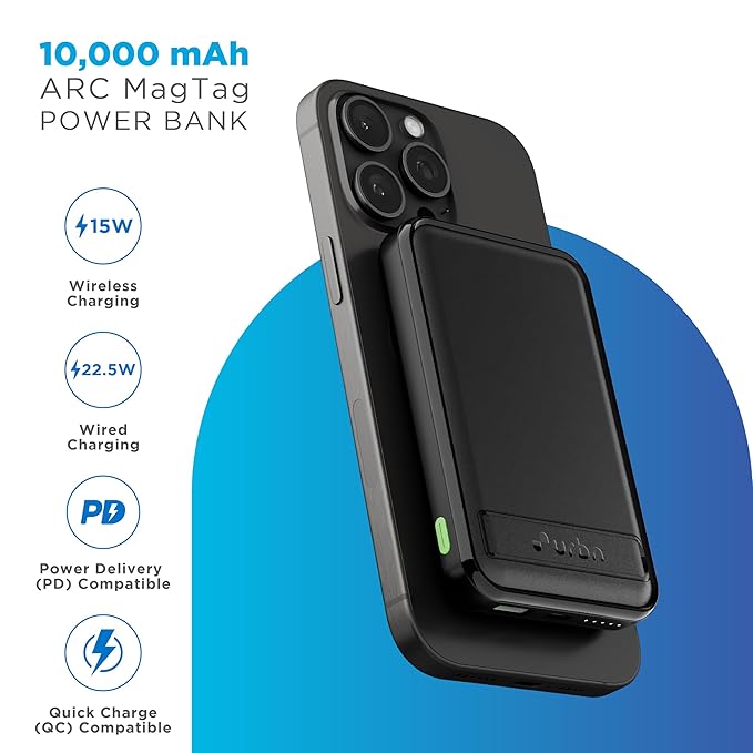URBN Wireless Power Bank for iPhone, 10000mAh MagSafe Charging with Stand, 22.5W QC+PD Output, Strong Magnetic, for iPhone 12 & Above, Android & Other Qi Enabled Devices (Black) - Image 2