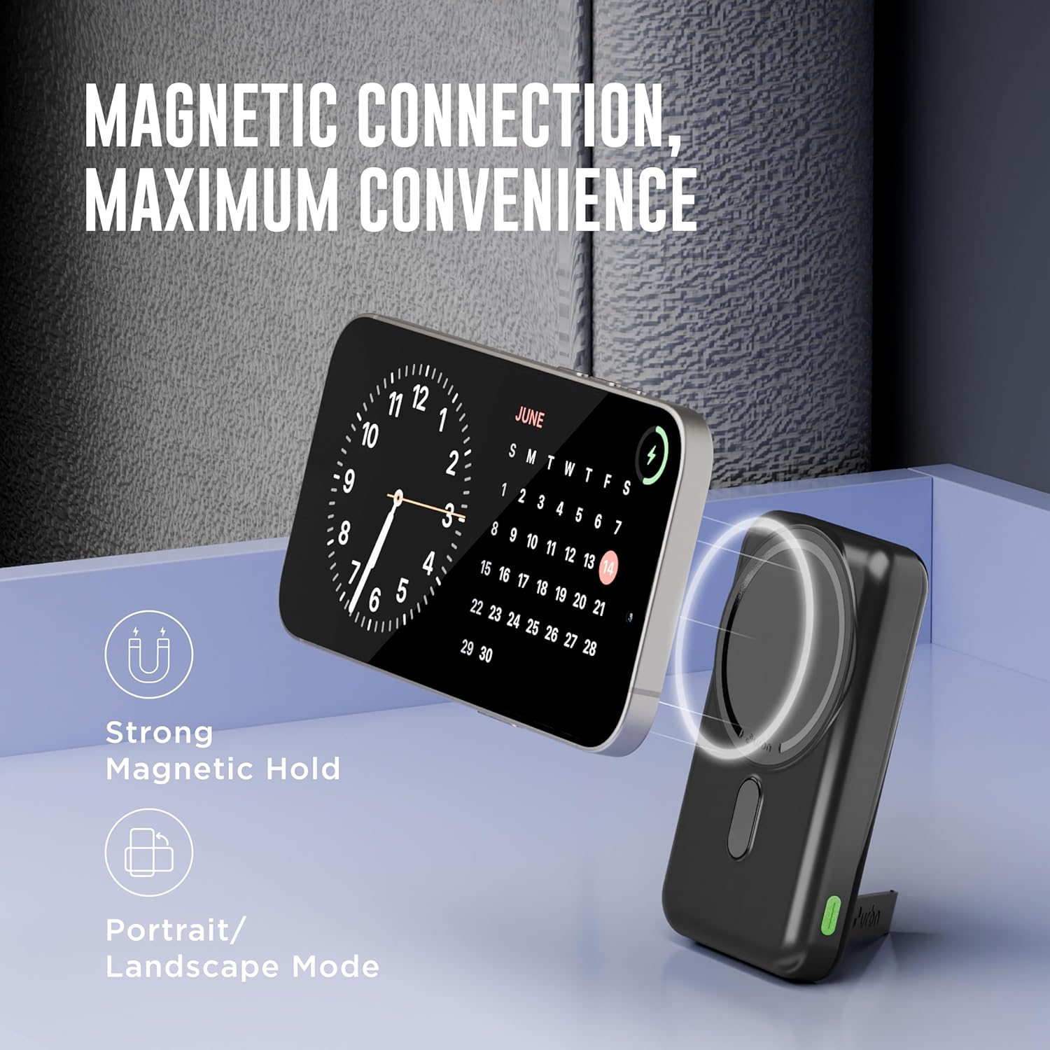 URBN Wireless Power Bank for iPhone, 10000mAh MagSafe Charging with Stand, 22.5W QC+PD Output, Strong Magnetic, for iPhone 12 & Above, Android & Other Qi Enabled Devices (Black) - Image 6